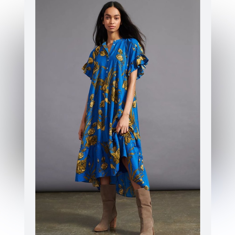 Anthropologie Blue High Low Dress with Yellow Floral